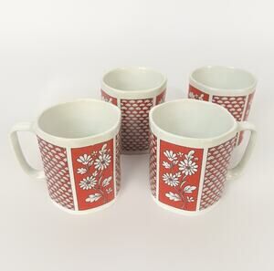 Kamenstein Coffee Mugs Set of 4 Japan Red White Hexagonal 1970's Vintage